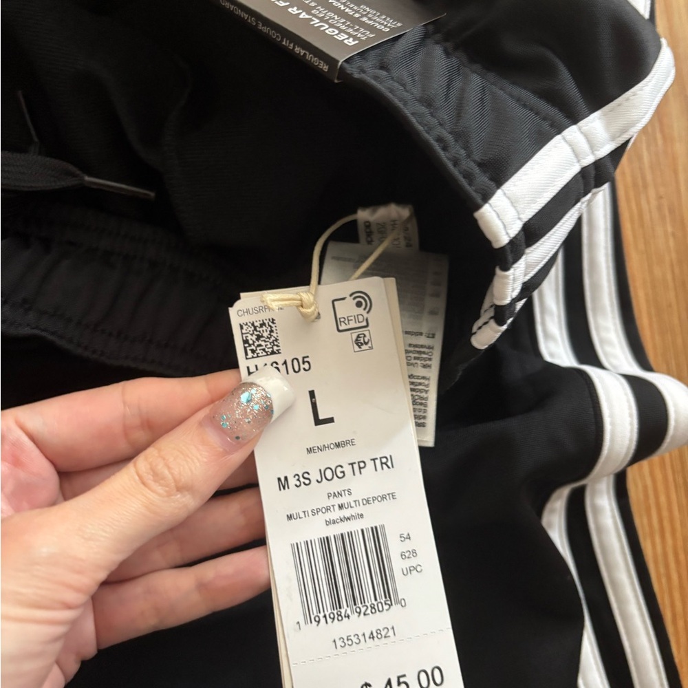 Adidas Mens Black Joggers with White Stripes NWT - Picture 2 of 3